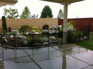 Garden pond in Los Angeles featuring rocks, plants, and a waterfall, surrounded by a black mesh safety fence and patio.