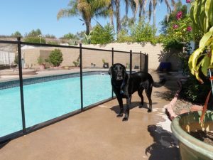 Black mesh pool safety fence enclosing a backyard pool in Orange County
