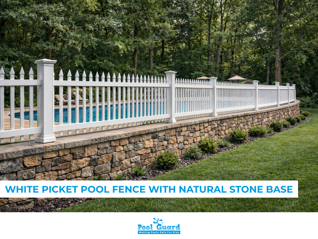 White Picket Pool Fence with Natural Stone Base