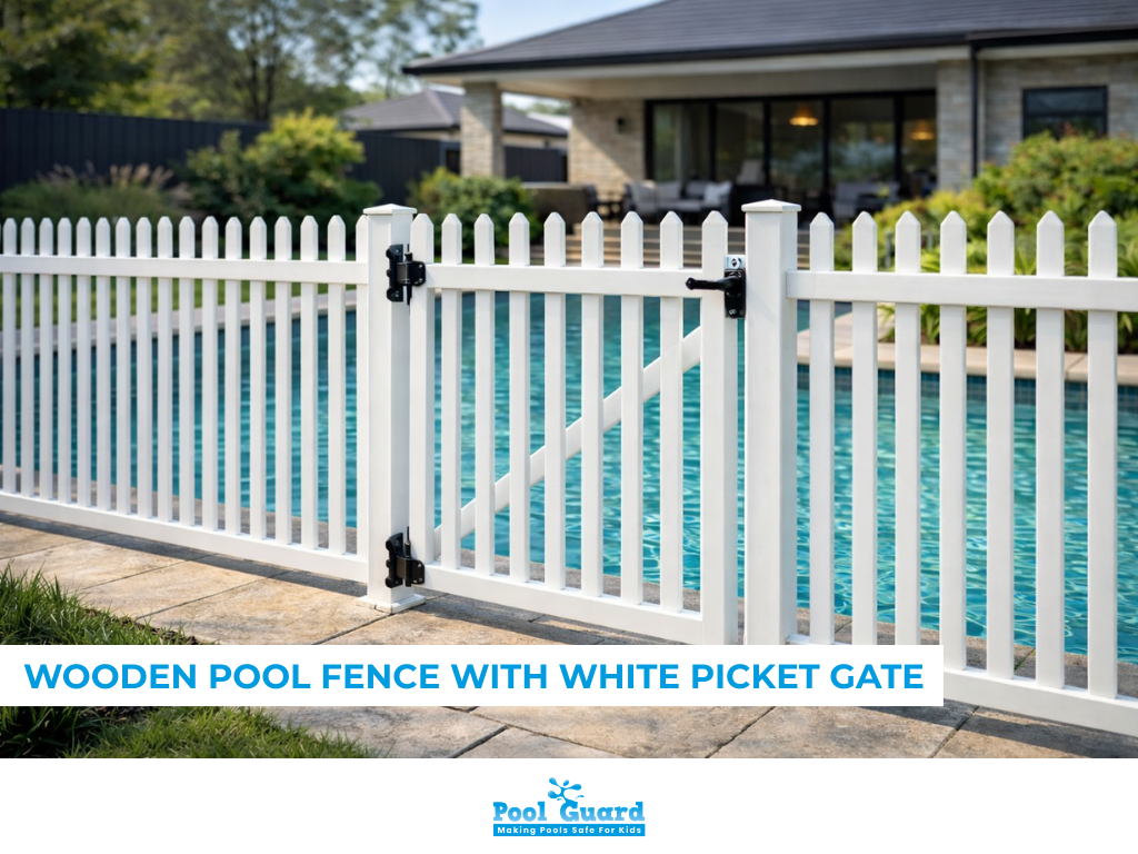 Wooden Pool Fence with White Picket Gate