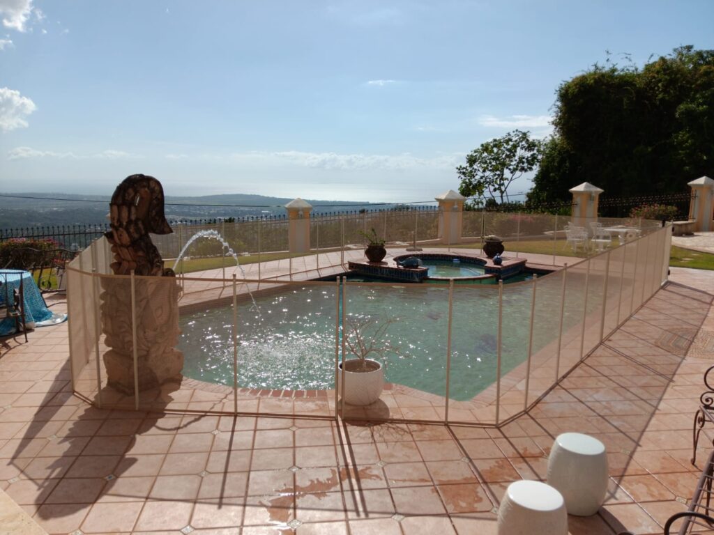 Beige mesh pool fence surrounding a backyard pool with ocean view in Orlando, designed to endure Florida’s heat, humidity, and coastal conditions.
