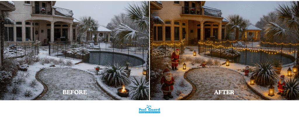 CHRISTMAS POOL DECORATIONS BEFORE & AFTER