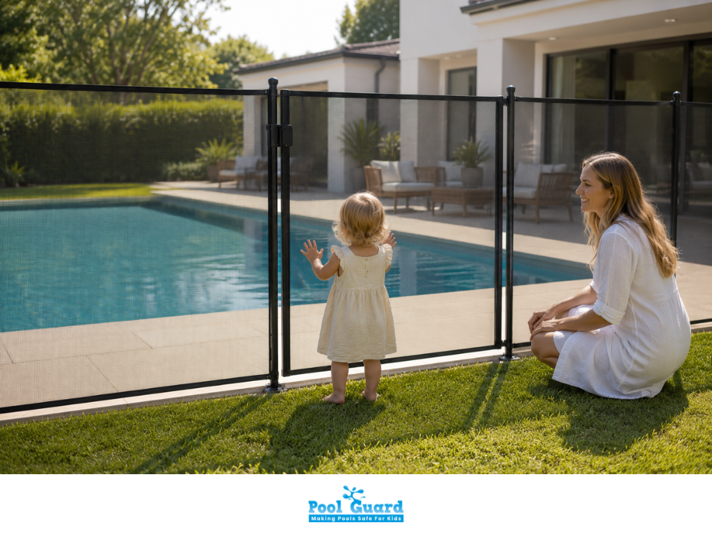 Safe Baby Girl Protected by Pool Fence