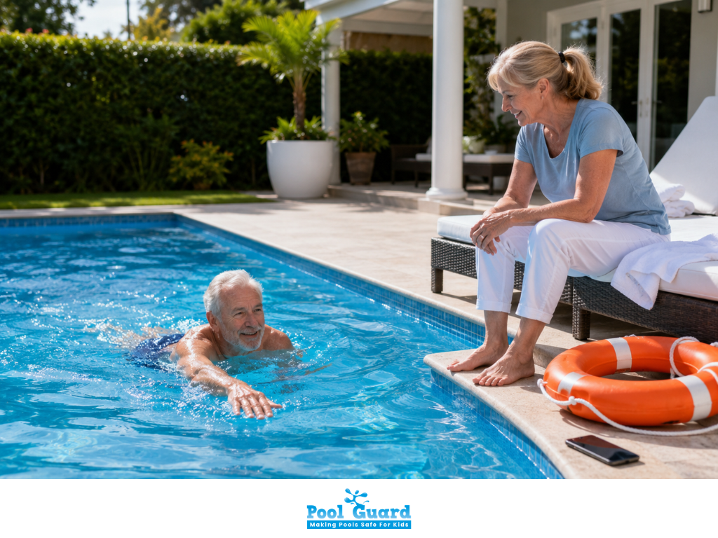 Women Prepared for Emergency While Watching a Old Man Swimming in the Pool