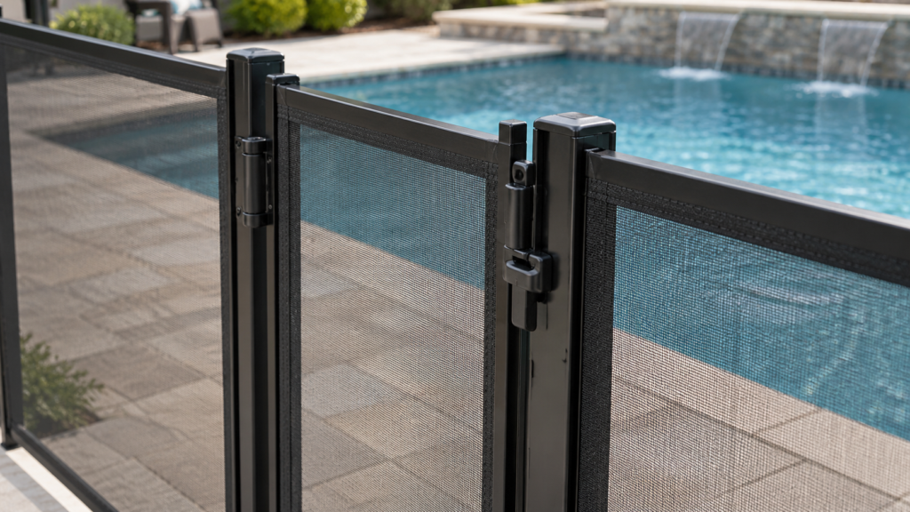 Detailed close-up of a pool safety fence gate