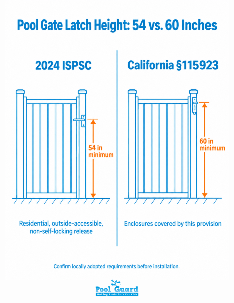 Pool Gate Latch Height - 54 vs 60 inches - Infographic
